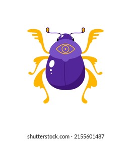 Icono del escarabajo mágico. Dibujo de un escarabajo morado con ojos dorados en la espalda aislado en un fondo blanco. Vector 10 EPS.