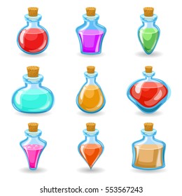 magic beverages potions poisons icons set isolated cartoon design vector illustration