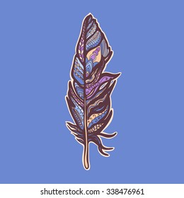 Magic bird feather. Ornamental object with doodles and curls. Vector illustration.