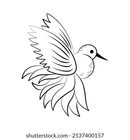 Pássaro mágico da felicidade com cauda espessa isolado em um fundo branco. Desenho de linha preta vetorial com espaço de cópia. Livro de colorir caracteres para crianças, aplique, logotipo