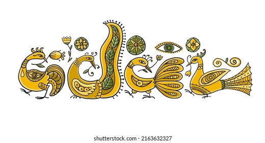 Magic birds family isolated on white. Art for your design