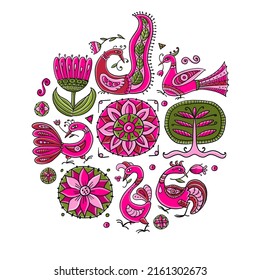 Magic birds and flowers collection, circle frame for your design
