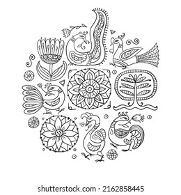 Magic birds and flowers collection, circle frame for your design. Colouring page