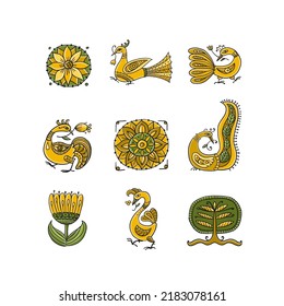 Magic birds and flowers collection, icons isolated on white for your design