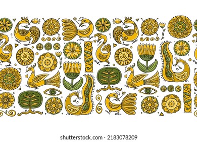 Magic birds and flowers. Vintage seamless pattern background for your design