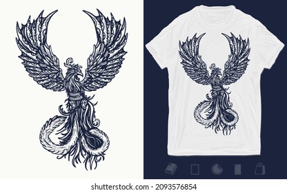 Magic birds t-shirt design. Symbol of revival, regeneration, life and death. Phoenix art. Vector graphics template. Hand drawn illustration 