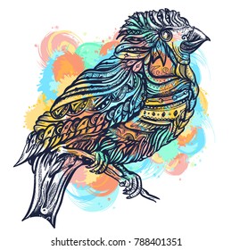 Magic birds watercolor splashes color tattoo and t-shirt design. Cute ornaments bird on a brunch art vector 