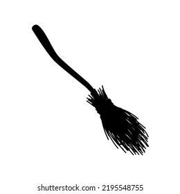 Magic black broom silhouette. Creepy symbol of magical witch flight and witchcraft rituals. Vintage street and house sweeping tool