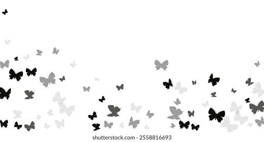 Magic black butterflies flying vector illustration. Summer pretty moths. Fancy butterflies flying baby wallpaper. Tender wings insects patten. Tropical beings.