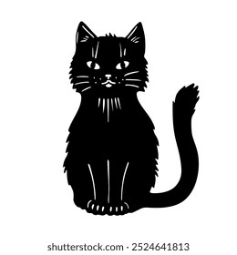 Magic black cat front view. The witch s cat. Halloween pet. Sketch style vector illustration