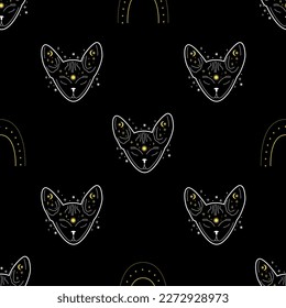 Magic black cat heads seamless pattern. Digital paper. Mystical concept with celestial elements. Stars, moon, sun, crystals. Flyer, banner, background design. Halloween. Wizard witch symbols.