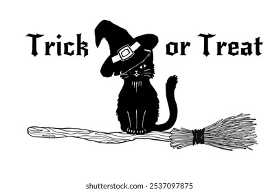 Magic black cat with witches hat sitting on broom, front view. The witch s cat. Halloween pet. Sketch style vector illustration