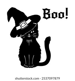 Magic black cat with witches hat front view. The witch s cat. Halloween pet. Sketch style vector illustration