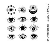Magic black evil eye vector isolated illustration set. Hamsa eye, third eye. Witchcraft, occult, alchemy symbol. Hand drawn esoteric clipart with moon phases. Decorative element for poster, tarot card