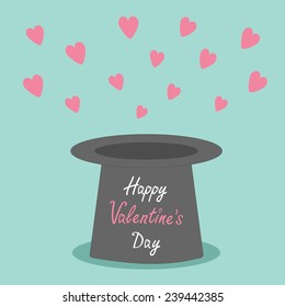 Magic black hat with flying pink hearts on blue background.. Flat design style Happy Valentines day card Vector illustration