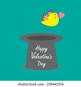 Magic black hat with yellow flying bird. Flat design style Happy Valentines day card Vector illustration