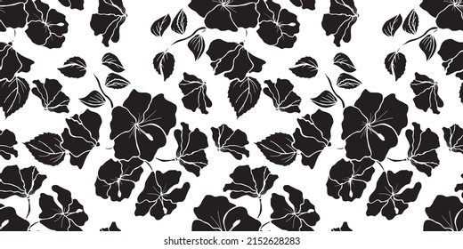 Magic black hibiscus flowers. Seamless pattern for wallpaper, wrapping paper, background, print, fabric, greeting cards. Vector illustration in boho style.