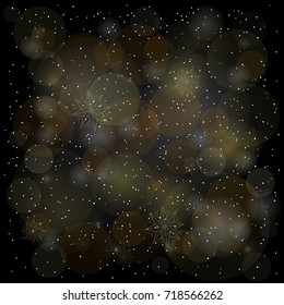 Magic black square background with sparkles, circle baubles, lights, dots, snowflakes.