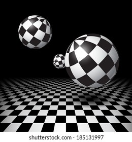 Magic black and white balls over checkered floor