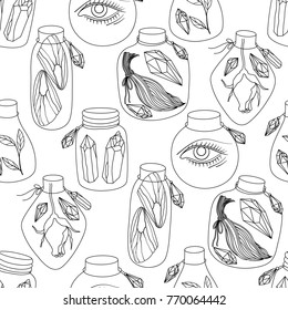 Magic black and white jars seamless pattern. Fairytale eye, crystals gemstones, wings of butterfly and rose flower inside. Vector background.