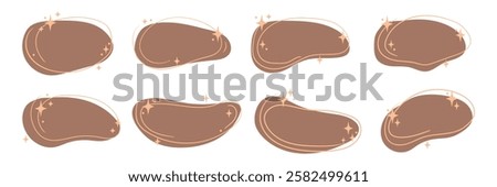 Magic blob shape in trendy Mocha Mousse color with lines, dot and stars. Different irregular border frame set with stars for festive, dreamy, elegant design. Vector blot on transparent background.