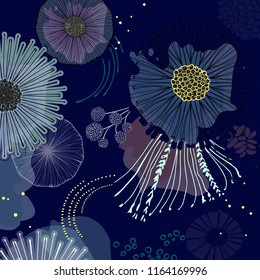 Magic bloom flowers blossom on navy background. Modern contrast abstract design for paper, cover, fabric, interior decor and other users. Dreaming fairytale fantasy design