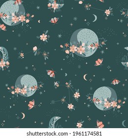 Magic Bloomy Planet vector seamless pattern. Boho Floral Moon Moth whimsical background. Celestial blossom constellation Saturn space Crescent Night Butterfly fabric design 