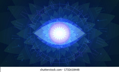 Magic blue all-seeing eye on a background of fractal and stars