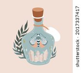 Magic blue bottle with butterfly, crystaks, leaves. Vintage potion. Witchcraft art. Flat vector illustration in pastel colors. 