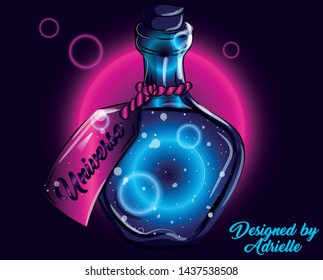 Magic blue bottle - universe in a jar illustration. Liquid substance outer space for science/research/medical vector. Galaxy glass fantasy design with dark cosmos abstract chemical in perfume flask