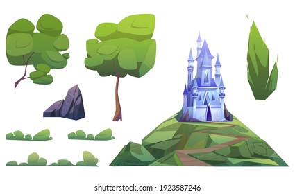 Magic blue castle and landscape elements isolated on white background. Vector cartoon set of fantasy royal palace with towers on hill with road, green trees, bushes and stones
