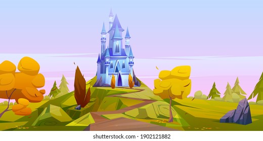 Magic blue castle on green hill with yellow trees. Vector cartoon autumn landscape with road leading to royal palace with towers on meadow in fairytale kingdom