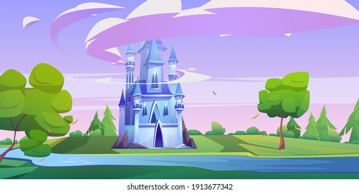 Magic blue castle on green meadow with trees and river. Vector cartoon landscape with royal palace in fairytale kingdom with clouds around towers and water stream