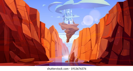 Magic blue castle on rock flying above river in canyon. Vector cartoon fantasy illustration of mountain landscape with water stream in gorge and royal palace with clouds around towers