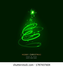 Magic blue Christmas tree ball. Glowing spiral trace with shined dust. New Year & Christmas vector illustration.