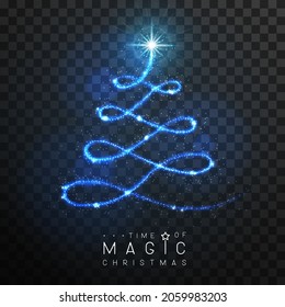 Magic blue Christmas tree silhouette. Magic wand with blue glowing shiny trail.  Isolated on black transparent background. Vector illustration