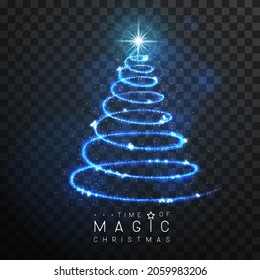 Magic blue Christmas tree silhouette. Magic wand with blue glowing shiny trail.  Isolated on black transparent background. Vector illustration