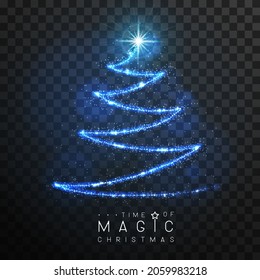 Magic blue Christmas tree silhouette. Magic wand with blue glowing shiny trail.  Isolated on black transparent background. Vector illustration