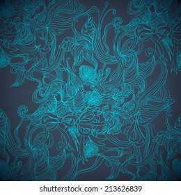 Magic blue colors. Drawing seamless vector background. Classic pattern. Wallpaper template.