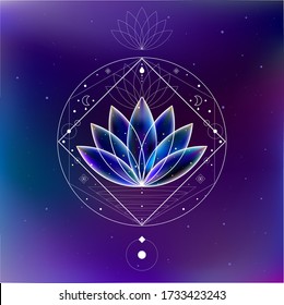 Magic blue cosmic lotus inside the sacred geometry figures frame on the galaxy background