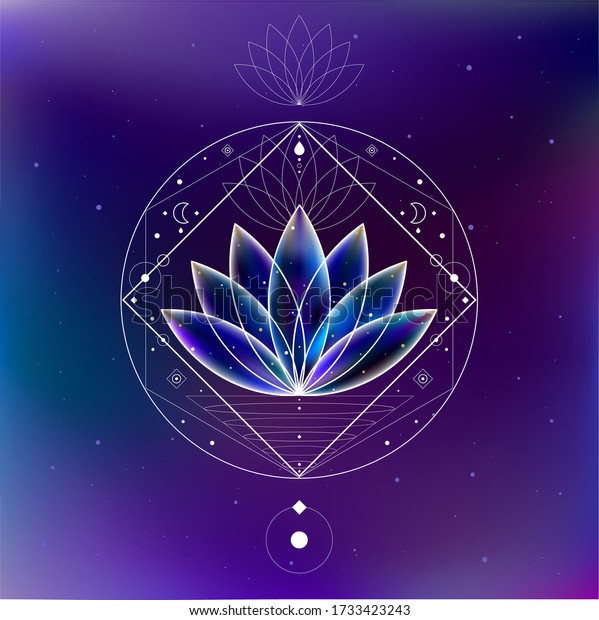 Magic blue cosmic lotus inside the\
sacred geometry figures frame on the galaxy\
background