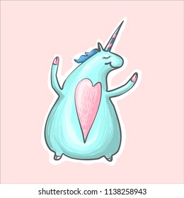 The magic blue cute funny fat unicorn with heart dancing. Alikorn. Pegasus. Children s character. Fashion Sticker