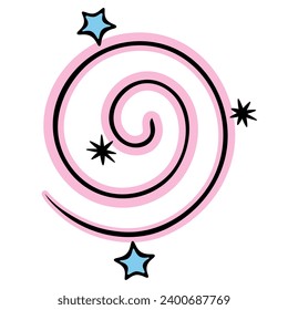 Magic blue dust. The circle is twisted into a spiral. Ornament of blue stars and snowflakes. Color vector illustration. Cartoon style. 