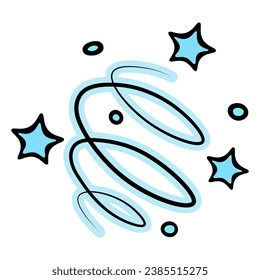 Polvo azul mágico. Movimiento Remolino. Ornamento de estrellas y círculos azules. Ilustración del vector de color. Estilo de caricatura. Creando un ambiente fabuloso. Fondo aislado.