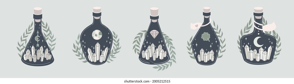 Magic blue flat graphic bottles with esoteric symbols, leaves, crystals. Witchcraft set. Vector illusrtation on light background. 