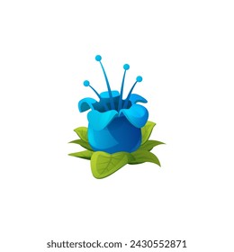 Magic blue flower with green leaves. Vector illustration of a magical plant, ideal for fantasy creative game design, set on an isolated background. Fantastic nature.