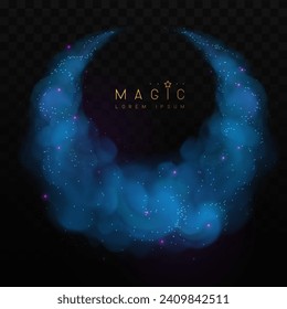 Magic blue glittering shiny trail. Flows of realistic blue smoke or clouds isolated on black background. Vector illustration