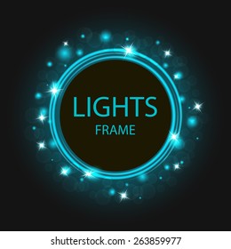 The magic blue glowing light round frame of blur particles on transparent. Fantasy explosion effect and bokeh. Space background black hole design element mockup.