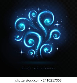 Magic blue glowing shiny trail or magic spirals  isolated on black transparent background. Vector illustration