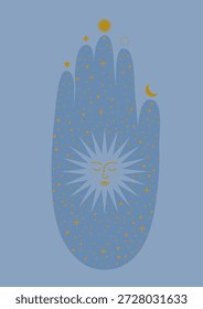 Mão azul mágica em estilo boho com símbolo de sol místico e estrelas. Ilustração vetorial.